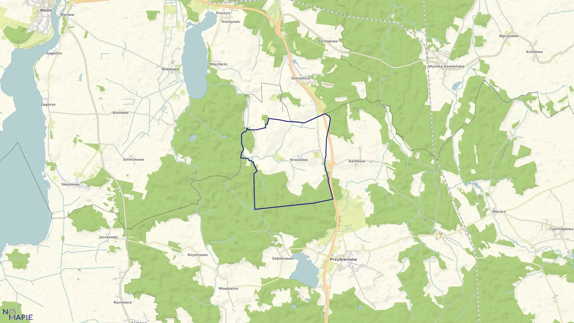 Mapa obrębu Brzozowo w gminie Przybiernów