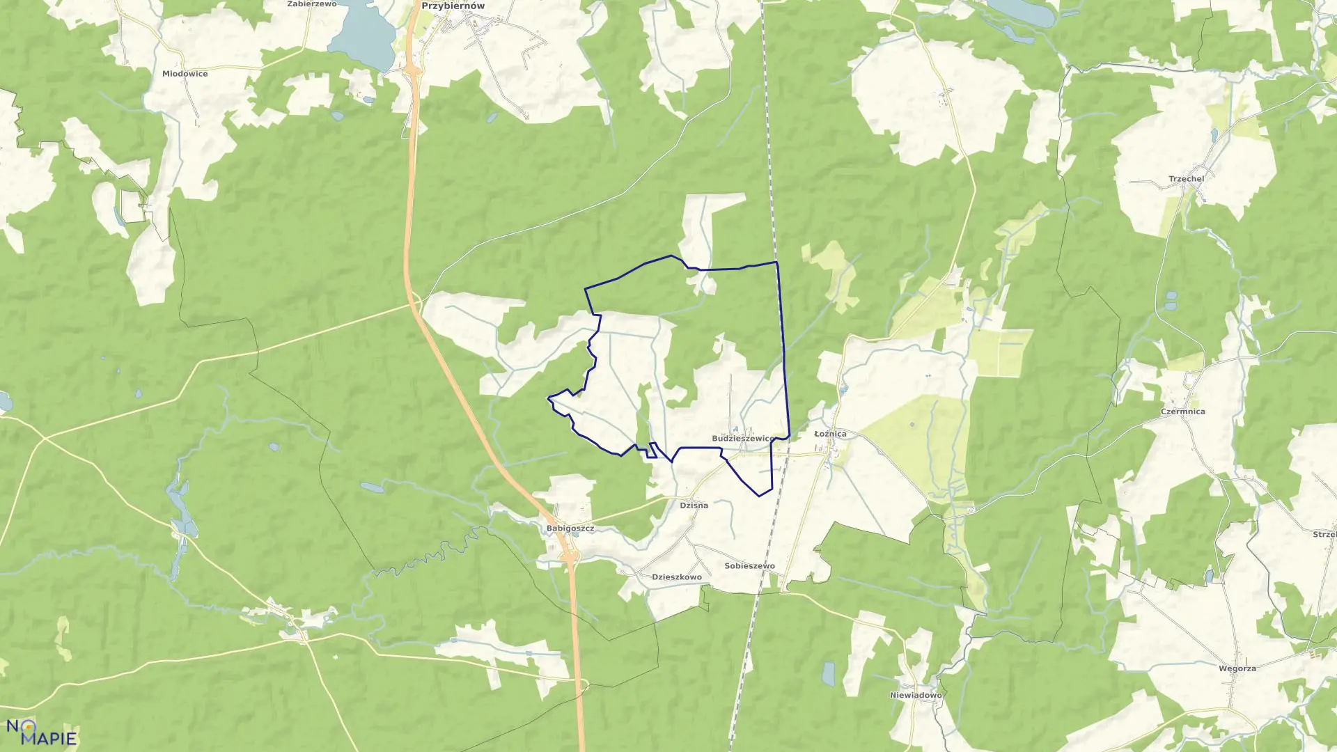 Mapa obrębu Budzieszewice w gminie Przybiernów