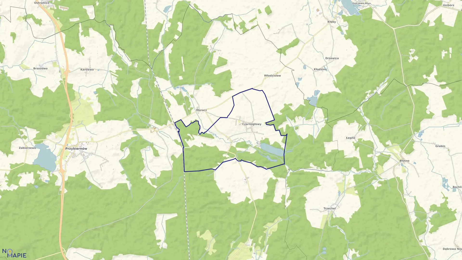 Mapa obrębu Czarnogłowy w gminie Przybiernów