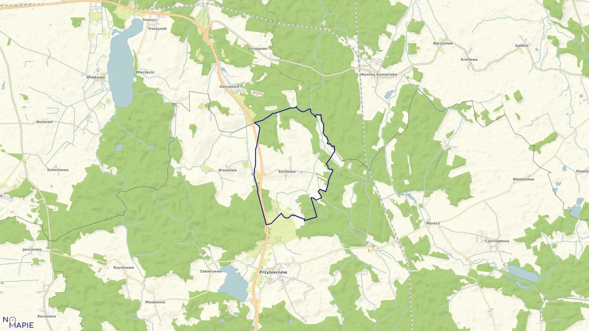 Mapa obrębu Kartlewo w gminie Przybiernów